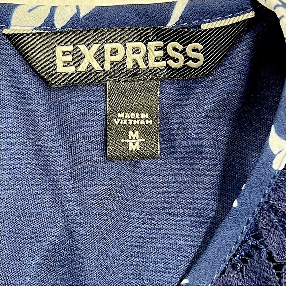 Express Dress Womens Medium Navy Blue Floral Long Sleeve Lace Trim - Picture 4 of 16